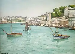 Peinture représentant une grande étendue d'eau avec quelques bateaux et derrière des maisons