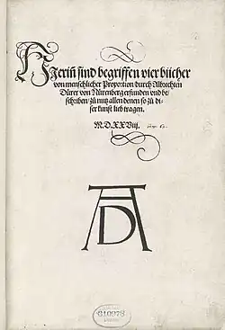 Page du titre de Vier Bücher von menschlicher Proportion avec la signature du monogramme de l’artiste