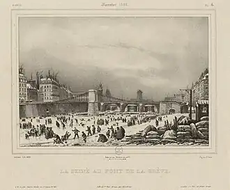 Le pont d'Arcole lors de l'hiver 1830.