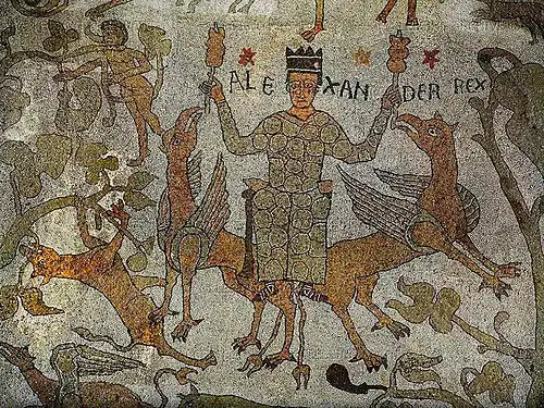 L'« ascension d'Alexandre » tiré par deux griffons, XIe&nbsp;siècle,cathédrale d'Otrante.