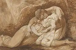 sépia et graphite, femme drapée, tête renversée, dans les bras d'un jeune homme éploré.