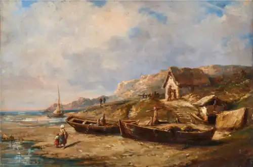 Marine avec personnages et bateaux.
