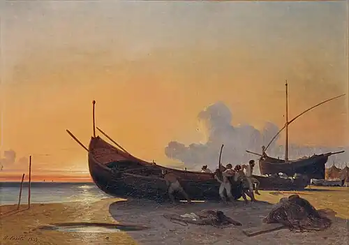 Pêcheurs poussant une barque.