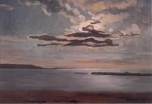 Paysage de mer au crépuscule, ancienne collection Clerc, localisation inconnue. Une des rares marines du peintre, marquée par le symbolisme naissant.