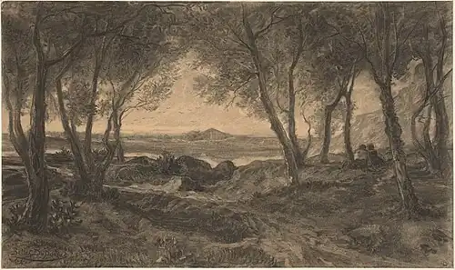 Un couple assis parmi les arbres, près d'un lac, 1870. National Gallery of Art, Washington D.C,États-Unis.