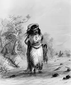 Indian Girl with Papoose Crossing Stream