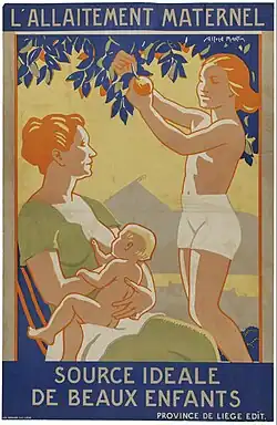 Affiche couleur annonçant L'allaitement maternel comme source idéale de beaux enfants. On y voit une femme allaitant un bébé pendant qu'un enfant cueille une pomme.