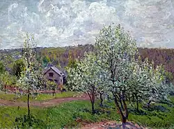 Printemps aux environs de Paris, pommiers en fleurs  par Sisley.