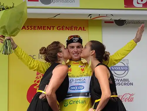 Gianni Meersman (Omega Pharma-Quick Step), vainqueur de l'étape, leader du classement général et du classement par points.