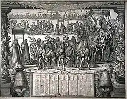 Gravure ornant un almanach du dix-septième siècle et montrant un défilé de nobles et de leurs gens.