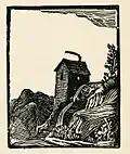 Xylographie. Une maison sur un escarpement au bord d'une rivière, de la dumée sortant de la cheminée
