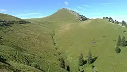 Petit vallon de montagne couvert de prairies verdoyantes et prolongé par un sommet.