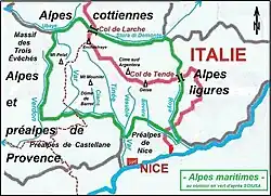 Définition cartographique au contour en vert d'après la Subdivision orographique internationale unifiée du système alpin (SOIUSA).