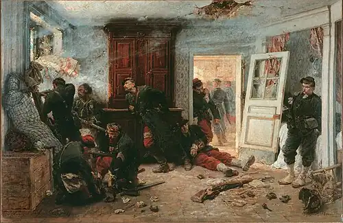 Tableau montrant des soldats réfugiés dans une maison sous le feu ennemi.