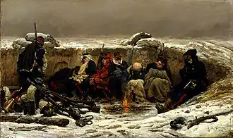 Tableau montrant des soldats assis dans une tranchée, transis de froid auprès d'un feu.