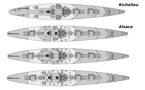Croquis de différentes versions de la classe Alsace
