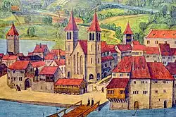 Ancien dessin en couleurs représentant plusieurs édifices.