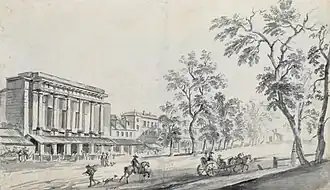 Le théâtre de l’Ambigu au XVIIIe&nbsp;siècle, dessin de Jean-Baptiste Lallemand.