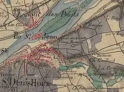 Extrait d'une carte ancienne en couleurs.