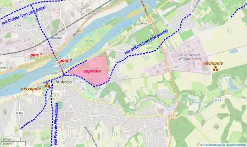 Carte en couleurs représentant l'emplacement de vestiges archéologiques reportés sur un plan moderne.