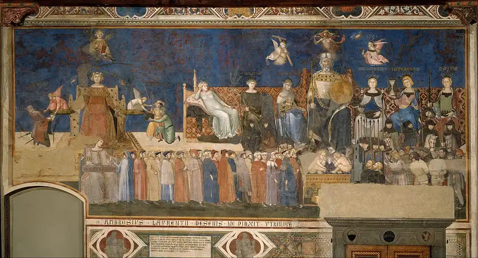 Ambrogio Lorenzetti : Allégorie du Bon Gouvernement. Fresque. 2,00 x 7,20 m.