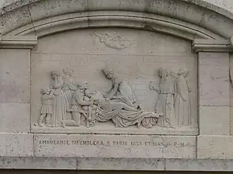 Bas-relief sur l'ambulance du choléra à Paris en 1832 et 1849. Sépulture Pailloux-Haumontré, Saint-Ambreuil, Saône-et-Loire.