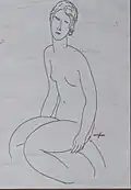 Dessin d'une femme nue assise de trois-quarts face, tête légèrement penchée, cheveux relevés