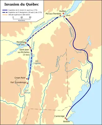 Carte de l'invasion du Canada avec la route des expéditions Arnold et Montgomery schématisée.