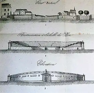 Dessins d'artiste représentant l'aspect possible d'un monument antique.