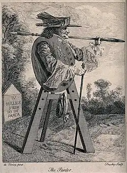An artist's easel with the figure of a man holding a large paint brush, gravure d'après un certain du Viviez (Wellcome Collection).