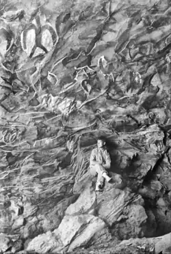 Photographie en noir et blanc représentant un enfant assis sur les rochers devant une série de peintures sur une paroi rocheuse.
