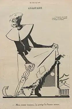 dessin en noir et blanc montrant une grande femme mince à la robe déchirée en bas ramassant une bobine de film avec de grands ciseaux. Texte à droite : « Lorsqu'on est brûlé partout, on peut toujours aller au cinéma ». Texte en dessous : « Moi, comme toujours, j'y protège les bonnes mœurs ».