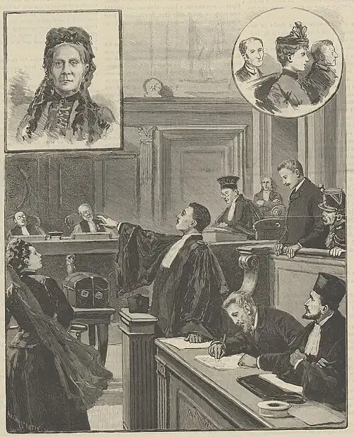 Procès d'Anastay, par Paul Destez. Portraits en médaillons : la baronne Dellard et Mlle Gonzalès, respectivement victime et maîtresse d'Anastay (L'Univers illustré, 5 mars 1892).