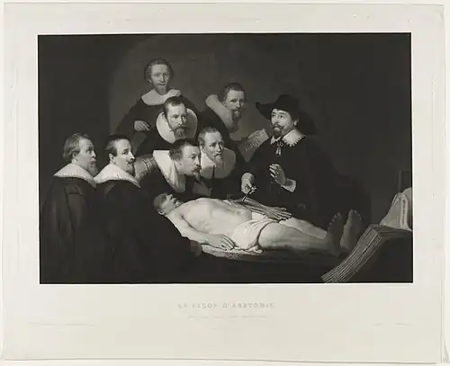 Reproduction en manière noire de La Leçon d'anatomie du docteur Tulp de Rembrandt (1851, Rijksmuseum Amsterdam).