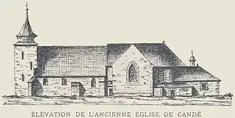 Façade sud de l'église de Candé au début du XIXe&nbsp;siècle.