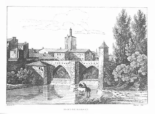 Ancien pont du Bourg (détruit en 1816) et clocher de l'ancienne église de la Madeleine (effondré en 1821) en arrière-plan.
