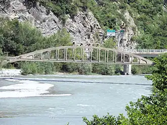 Pont du tramway de la Vésubie dans les gorges de la Mescla (Alpes-Maritimes) (1909).