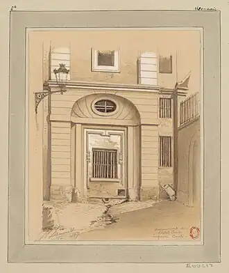 Porte de l'hôtel dans l'impasse de Conti en 1887 (dessin de Jules-Adolphe Chauvet).