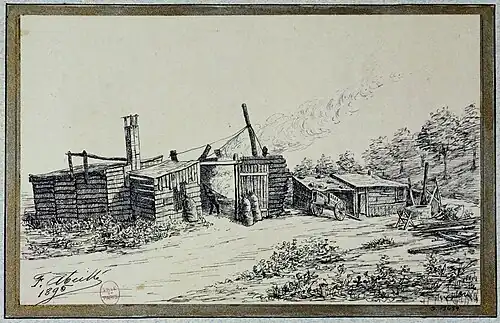 Fabriques de buches résineuses en 1895 (colonie du Tonquin) installées sur le remblai de la rue des Peupliers, et dont l'entrée était au 10 rue Damesme (dessin de F. Abeillé).