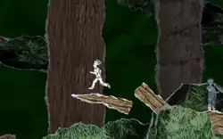 Un personnage en papier saute d'une plate-forme dessinée grossièrement.