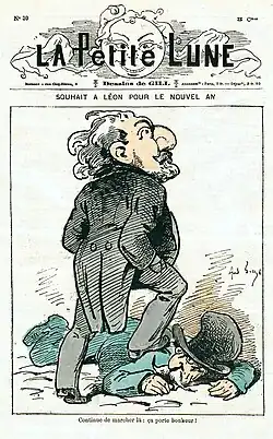 Caricature de presse montrant un homme piétinant un autre homme allongé au sol.