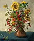 Andrea Gram (1853-1927), Sunflowers and Indian Cress in a Copper Vase,1894.