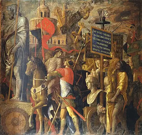 Andrea Mantegna. Triomphes de César : Porteurs d'étendards, de trophées et d'équipements de siège. 1484-92. Tempera sur toile. 2,70 x 2,80 m. Royal Collection