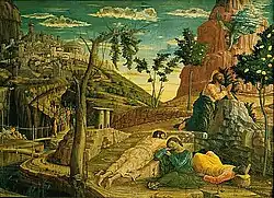 La Prière au Jardin des Oliviers selon Andrea Mantegna. L'œuvre fut réalisée entre 1455 et 1457. Elle fit l'objet d'un envoi  de l'état et est désormais exposée au musée des Beaux-Arts de Tours.
