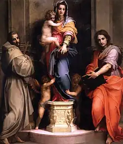 La Madone entourée de deux hommes