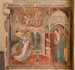 Peinture. L'ange et Marie sont placés dans un intérieur de style gothique. En haut, Dieu confie la palme à l'ange.