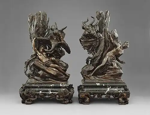Andromède (mythologie) et le monstre marin, Léda (mythologie) et le cygne, bronzes de Massimiliano Soldani Benzi. 1725.