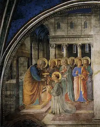 Fresque de la chapelle Nicoline réalisée par Fra Angelico : L'ordination de saint Étienne comme diacre par l'apôtre Pierre.