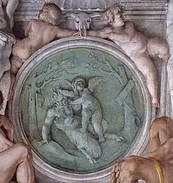 peinture en trompe-l’œil où des angelots nus encerclent une peinture en médaillon.