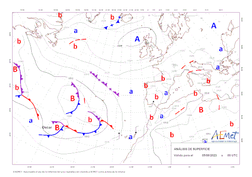 Boucle des cartes météorologiques de surface montrant le déplacement d’Oscar.
